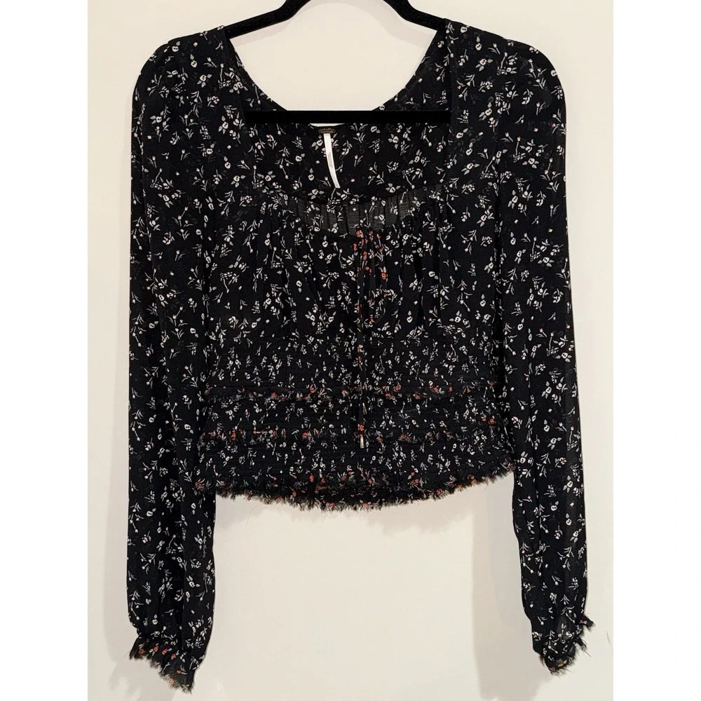 Free‎ People Lolita Floral Smocked Blouse L Black Cottage Peasant Top Semi Sheer
